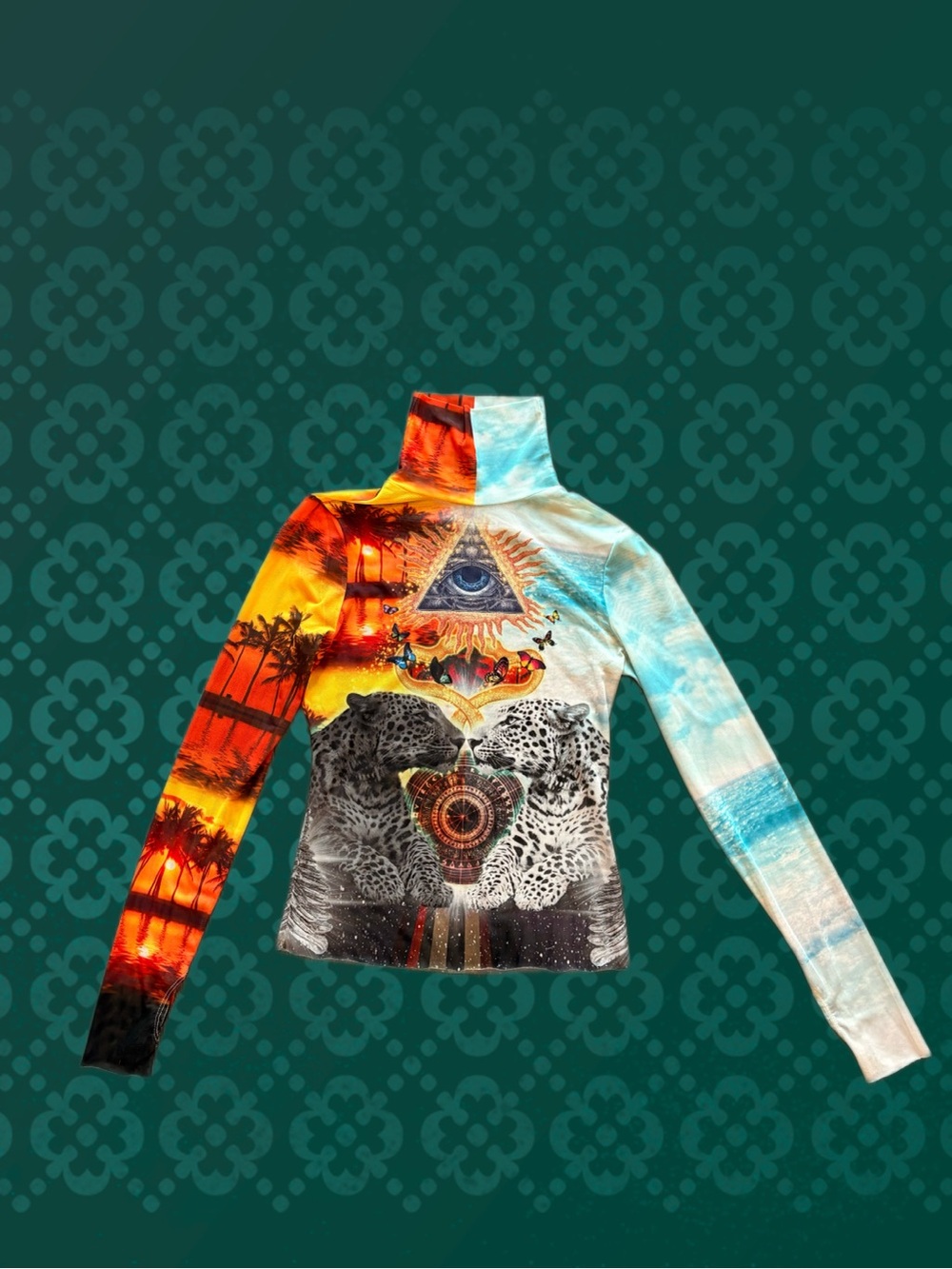 AFRM Multicolor Graphic Long-Sleeve High Neck Sheer Top